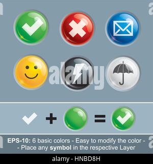 Set of vector icon buttons in six basic colors. Icon’s Light, Shadow, Symbol, Color and Embossing are in separate layers. Insert any symbol and change Stock Vector