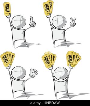 Set of 4 sparse vector illustrations of a of a generic cartoon character holding up stacks of tickets. Stock Vector