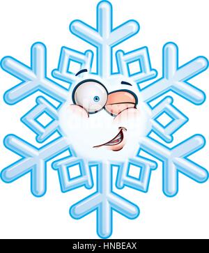 Cartoon illustration of a snowflake emoticon smiling and winking. Stock Vector