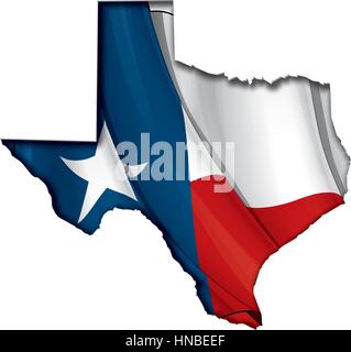 Texas map cut-out, highly detailed on the edge's shading, with a waving Texan Flag underneath. Stock Vector