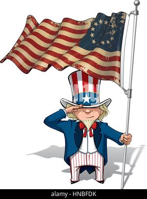 Vector Cartoon Illustration of Uncle Sam saluting and holding a Betsy Ross American flag. Flag's texture and sepia color can be removed by turning the Stock Vector