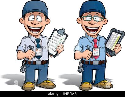 Cartoon illustration of a happy supervisor filling a check list. Two versions: 1) on with a pen on a traditional pad and 2) on a tablet more hip with  Stock Vector