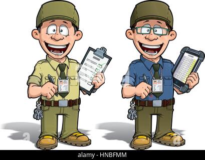 Cartoon illustration of a happy supervisor filling a check list. Two versions: 1) on with a pen on a traditional pad and 2) on a tablet more hip with  Stock Vector