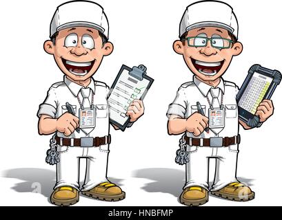 Cartoon illustration of a happy supervisor filling a check list. Two versions: 1) on with a pen on a traditional pad and 2) on a tablet more hip with  Stock Vector