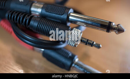 The audio stereo connectors with black wires Stock Photo