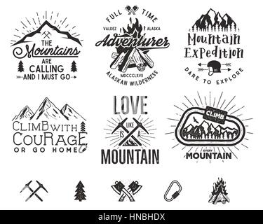 Set of mountain climbing labels, mountains expedition emblems, vintage hiking silhouettes logos and design elements. Vector retro letterpress style is Stock Vector