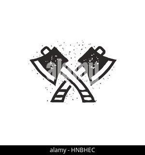 Two crossed axes vector illustration. Silhouette style. Textured lumberjack symbol. Simple design, letterpress effect. Isolated on white background. Stock Vector