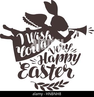 Happy Easter, greeting card. Rabbit, bunny blowing trumpet. Lettering, calligraphy vector illustration Stock Vector