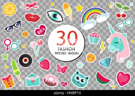 Fashion set of patches 80s comic style. Pins, badges and stickers Collection cartoon pop art with a unicorn, rainbow, lips, emoji. Isolated on transparent background. Vector illustration. Stock Vector