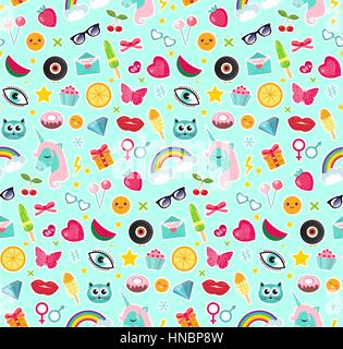 Fashion seamless pattern of patches 80s comic style. Pins, badges and stickers Collection cartoon pop art with a unicorn, rainbow, lips, emoji. Vector illustration. Stock Vector