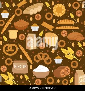 Bakery products seamless pattern with bread, loaf, buns. Vector illustration. Stock Vector