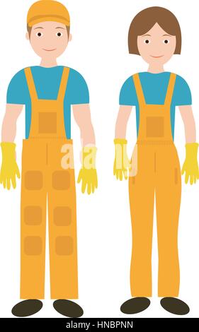 Cleaners in uniform woman and man icon, flat style. Workers isolated on white background. Vector illustration. Stock Vector