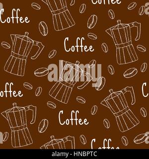 Coffee seamless pattern with coffee maker. Cafe background, texture, paper. Vector illustration. Stock Vector