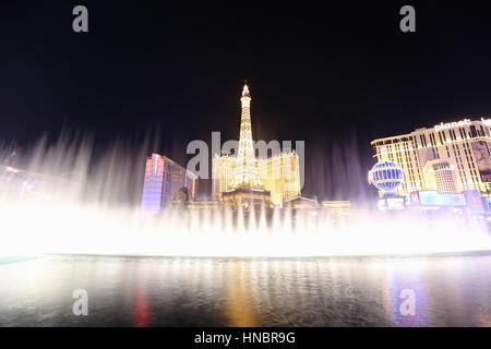 Las Vegas, Nevada, USA - December 26, 2013:  Famous Las Vegas Strip fountains at the upscale Bellagio Casino Resort. Stock Photo