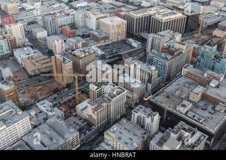 Los Angeles, California, USA - July 21, 2016:  After sunset aerial of downtown Los Angeles urban historic core. Stock Photo