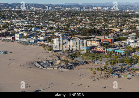 Los Angeles, California, USA - December 17, 2016:  Aerial of Venice boardwalk and beach on the Southern California Coast. Stock Photo