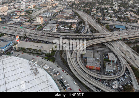 Los Angeles, California, USA - July 21, 2016:  After sunset aerial of the Santa Monica 10 and Harbor 110 freeway interchange near downtown Los Angeles Stock Photo
