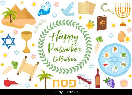Passover icons set. flat, cartoon style. Jewish holiday of exodus Egypt. Collection with Seder plate, meal, matzah, wine, torus, pyramid. Isolated on white background Vector illustration. Stock Vector