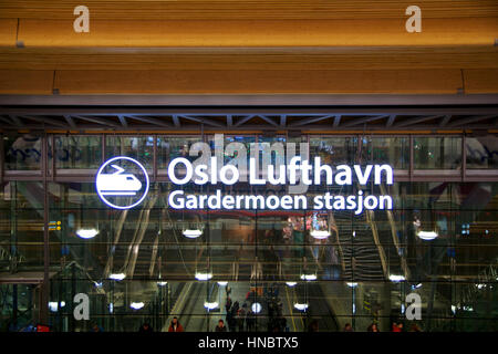 OSLO, NORWAY - JAN 20th, 2017: The Lufthavn Airport Gardermoen OSL is the main domestic hub and international airport terminal in Norway. Sign of the  Stock Photo