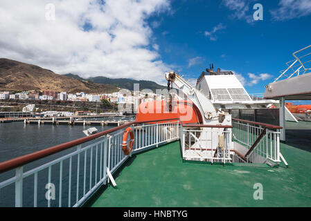 La Palma, Spain - September 11, 2016: Main deck of ferry from armas liner. Life boats are hanging from the deck in La Palma, Spain. Stock Photo