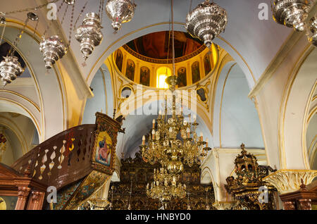 Mikonos, Greece - August 21, 2013: Interior of Orthodox church on August 21, 2013 in Mikonos, Greece. Stock Photo