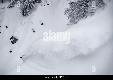 Man skiing in deep powder snow, Gosau, Gmunden, Austria Stock Photo