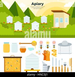 Apiary vector flat illustrations. Apiary in the garden. Organic food concept. Natural honey in banks, bees, honeycombs, bee hives, sunflower isolated  Stock Vector