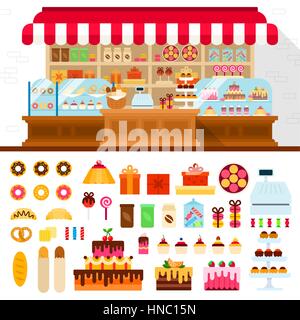 Bakery vector flat illustrations. Shop with different confectionery. Many candies, cakes, pies, buscuits and other sweet things isolated on white back Stock Vector