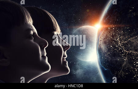 Profile image of cute girl and boy against night sky background. Elements of this image are furnished by NASA Stock Photo