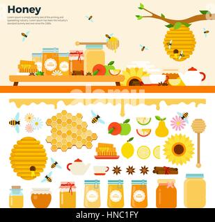 Honey products vector flat illustrations. Honey in jars and other honey products on the table. Organic and natural honey. Banks of honey, bees, honeyc Stock Vector