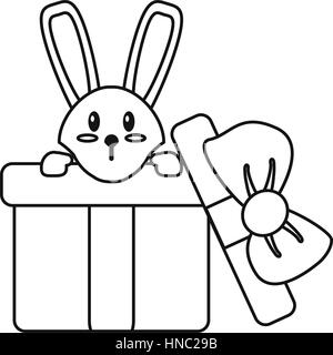 cute rabbit hiding gift box surprise thin line vector illustration eps 10 Stock Vector