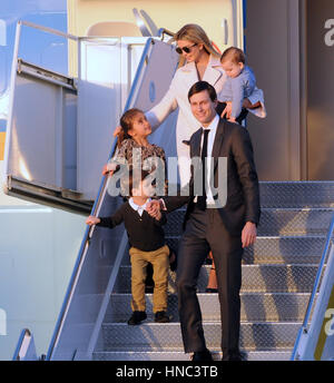 West Palm Beach, Florida, USA. 10th Feb, 2017. Ivanka Trump (top L), her husband, Jared Kushner (bottom R), and their three children walk down the stairway from Air Force One after arriving at Palm Beach International Airport in Florida on February 10, 2017. The family accompanied U.S President Donald Trump, First Lady Melania Trump, and Japanese Prime Minister Shinzo Abe and his wife, Akie Abe for a weekend visit to Trump's Mar-A-Lago estate in Palm Beach, Florida. Credit: Paul Hennessy/Alamy Live News