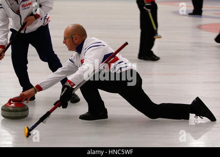 Hamilton, Glasgow, Scotland. 10th February 2017. Action from the the morning session of the Mens Scottish Senior Curling Championships at Hamilton Ice Rink.  Image Credit: Colin Poultney/Alamy Live News Stock Photo