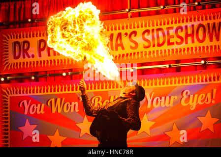 Blackpool, Lancashire, UK. 11th February 2017. Roll up! Roll up!! 'SHOWZAM' Festival sideshow returns to Blackpool, Lancashire.   Dr. Phantasma's fire spectacular show performed at the Winter Gardens, Blackpool.  Back for its 10th year the festival is packed with magic, sideshows & street theatre all over the famous north west town.