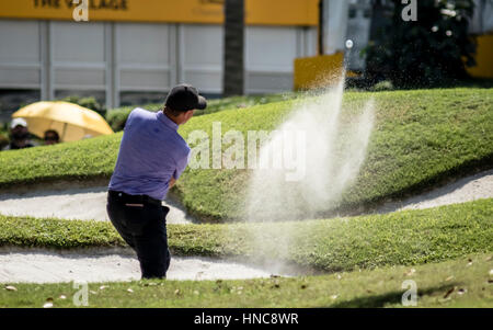 Kuala Lumpur, Malaysia. 11th Feb, 2017. Sam Brazel hitting out from the 9th Hole bunker at the Maybank Championship Malaysia 2017 in Kuala Lumpur. Credit: Danny Chan/Alamy Live News Stock Photo