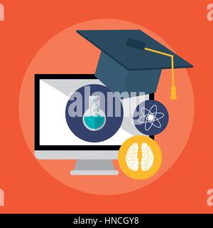computer and graduation cap icon over red background. colorful design. vector illustration Stock Vector