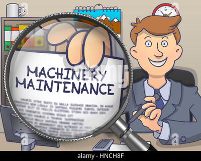 Machinery Maintenance through Magnifier. Doodle Design. Stock Photo