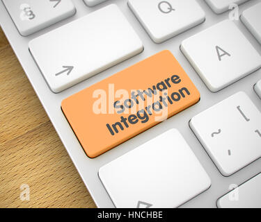 Software Integration - Message on Orange Keyboard Button. 3D. Stock Photo