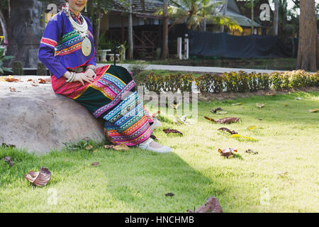 Thai woman wearing typical Thai dress, identity culture of Thailand Stock Photo