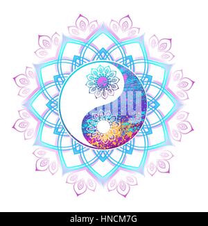 Yin yang symbol painted bright pastel paint a mandala on a white background. Yin yang symbol. Oriental pattern. Boho Style. Stock Vector