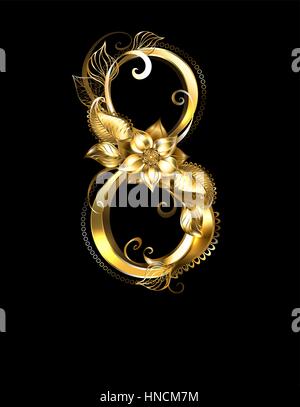 Eight of gold, jewelry flowers and leaves on a black background. Design with golden flowers. Stock Vector