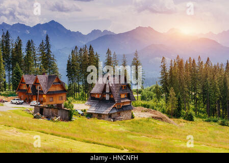 Traditional wooden house in the mountains on a green field Mount Stock Photo