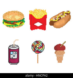 Pixel junk food icon set Stock Photo