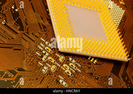 Inside of computer - motherboard semiconductors and electronics Stock Photo