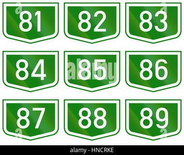 Montage of route shields of numbered main roads in Hungary. Stock Photo