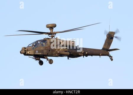 'Gunship 1' from the Army Air Corps Apache AH display team during a practise display overhead Wattisham prior to the airshow season Stock Photo