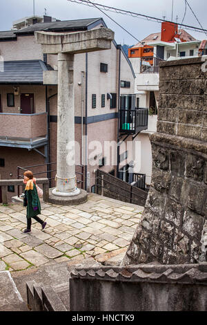 One-legged stone gate,Second Torii Arch at Sanno Shinto Shrine, Nagasaki, Japan. Stock Photo