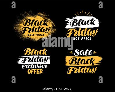 Sale, black Friday label. Lettering, calligraphy vector illustration. Discount icon or symbol Stock Vector