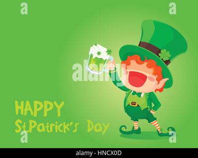 Vector Illustration of St. Patrick's Day Happy Leprechaun With Mug of Green Beer for Greeting Card. Stock Vector