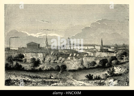 Birmingham, West Midlands, England – an old engraving c. 1840. A market town in the middle ages, Birmingham grew rapidly in the Industrial Revolution